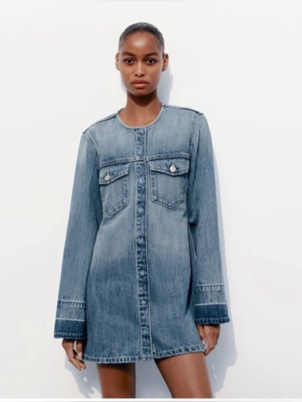 New ZARA Denim TRF Dress Size Large Long-sleeved Cotton Denim Mini Dress/Tunic
